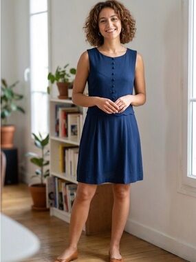 AXARA Paris S/M Navy Button-Front Sleeveless Mini Dress